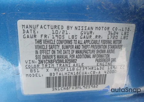 2021 Nissan Versa Sr Xtronic Cvt from USA, damaged, VIN 3N1CN8FV3ML925982